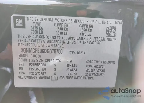 2013 Chevrolet Avalanche Lt z USA, uszkodzony, nr VIN 3GNMCFE06DG378756